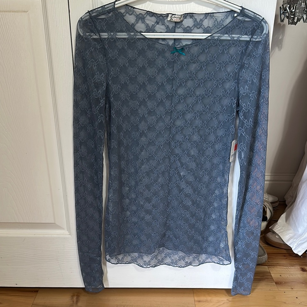 Free People Blue Fitted Long Sleeve Blouse